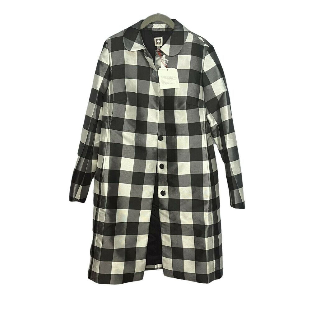 Anne Klein Overcoat Coat Womens Black White Check Satin Weave Button Front SZ 6